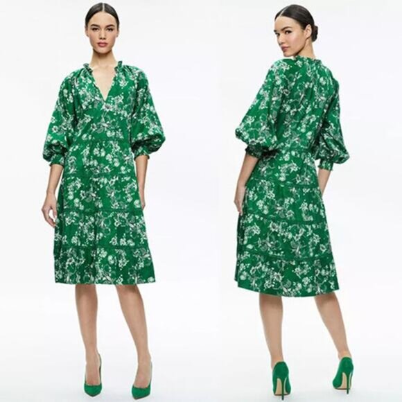 NWT Alice + Olivia Layla Floral Tiered Half Sleeve Green Ruffle Dress Size Small